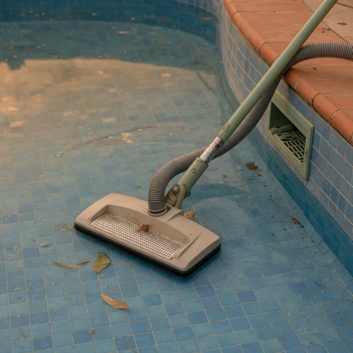 A manual pool vacuum head attached to a long pole resting on the blue tiled floor of a swimming pool