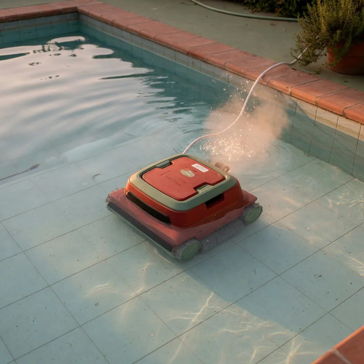 A compact robotic pool cleaner gliding along the bottom of a clear swimming pool