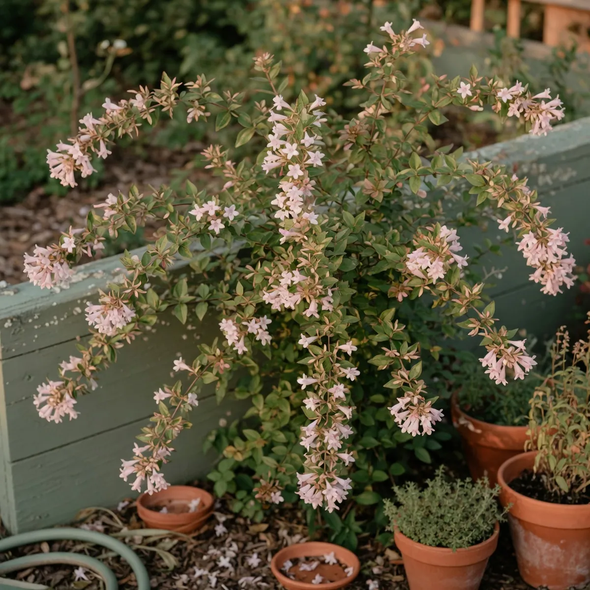 A mature Abelia shrub displaying clusters of trumpet-shaped white and pink flowers against glossy green foliage.
