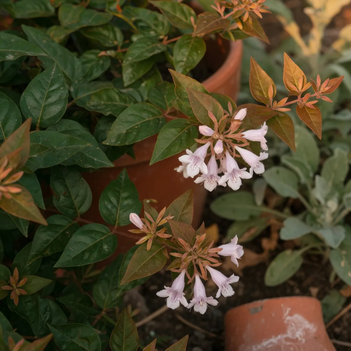 Glossy dark green Abelia leaves transitioning to bronze-red hues alongside clusters of tubular white flowers.