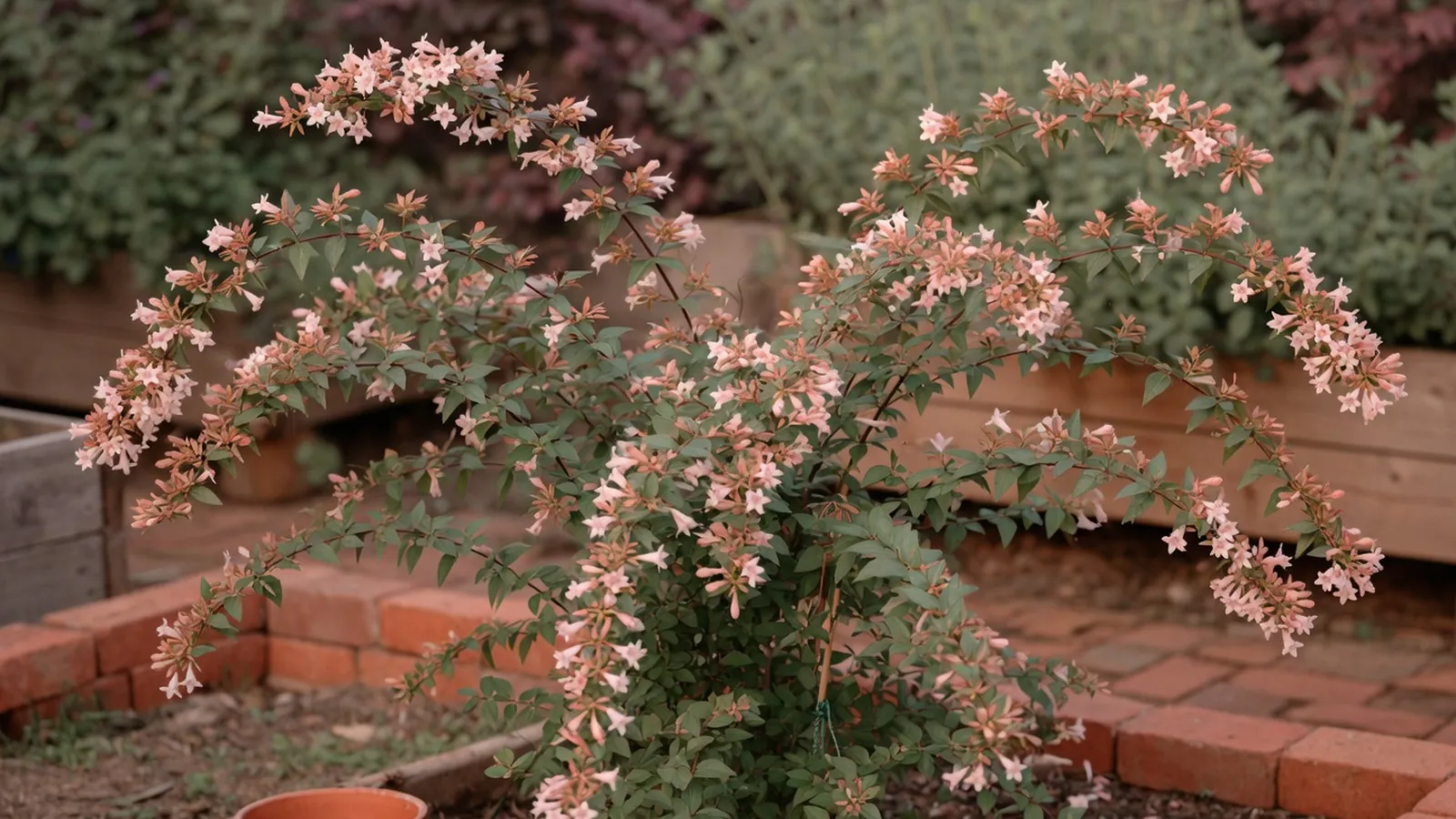 A blooming Abelia shrub with arching branches and clusters of delicate trumpet-shaped flowers in a garden setting.