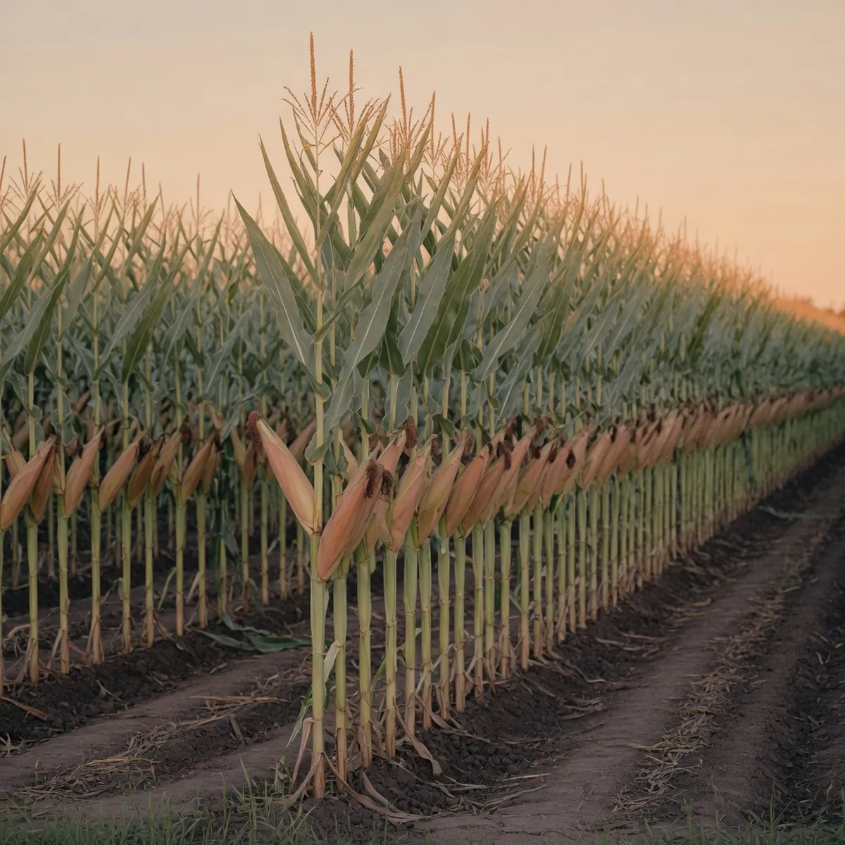 A neat row of mature corn stalks standing tall in a cultivated field under a clear sky.