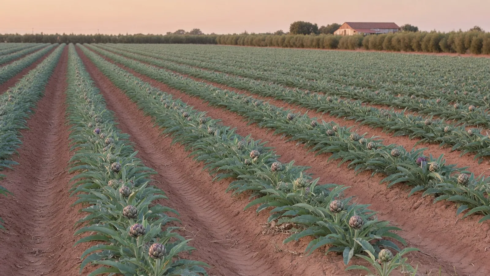 A wide agricultural field showing a single crop species planted in uniform rows stretching toward the horizon.