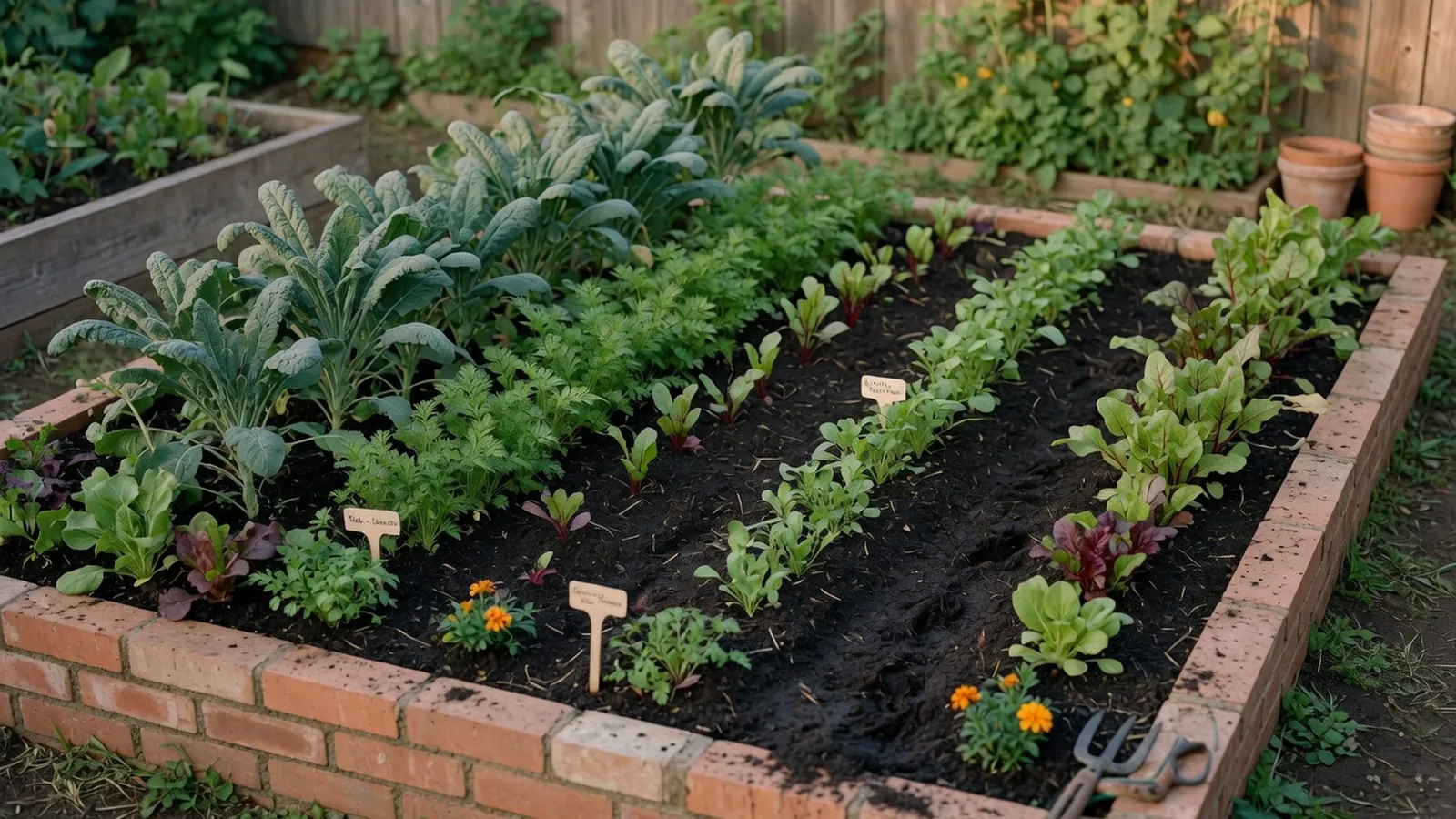 A thriving vegetable garden bed with rich dark soil and healthy green plants growing in neat rows.