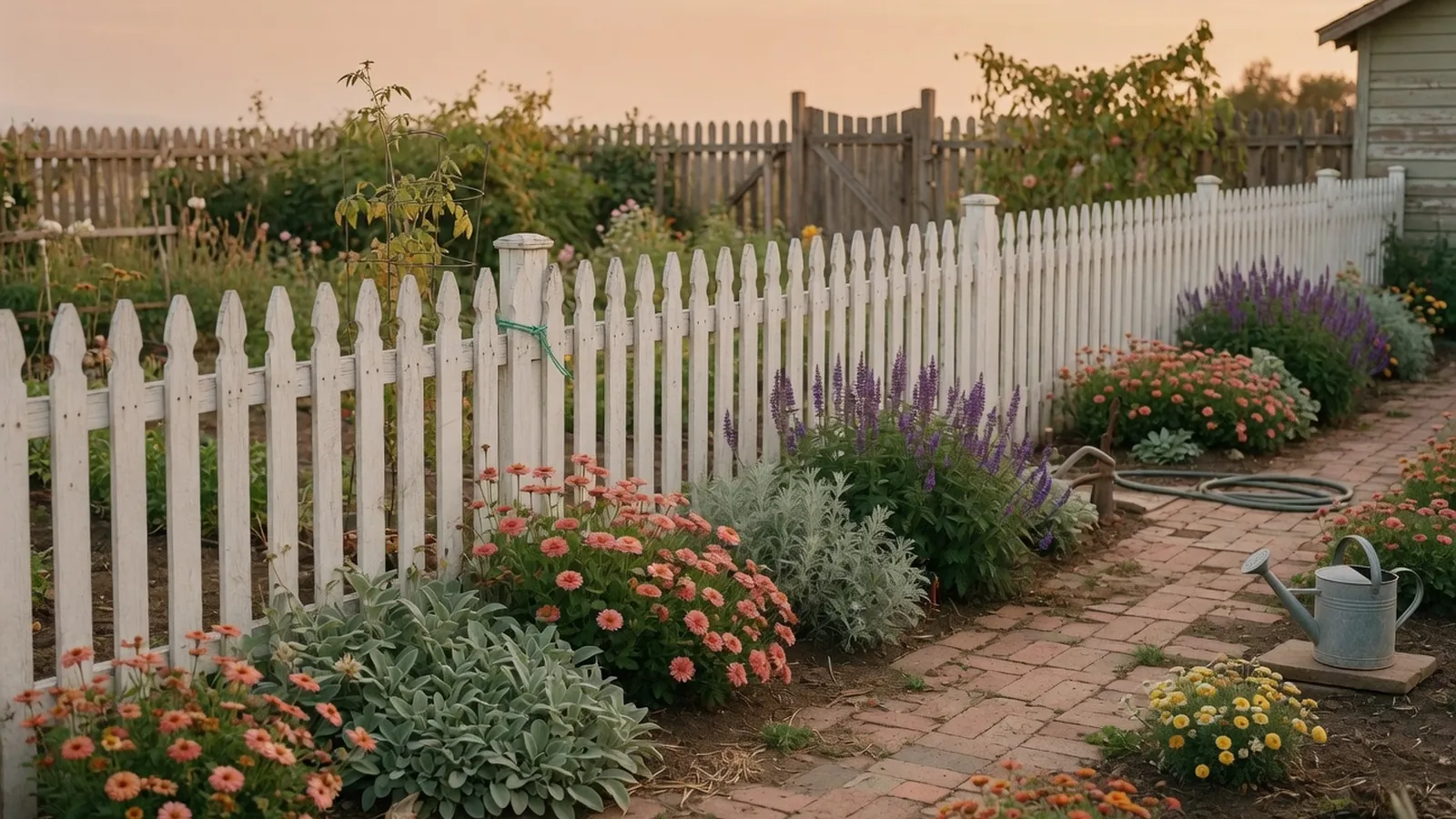 A traditional wooden picket fence bordering a vibrant garden filled with blooming flowers.