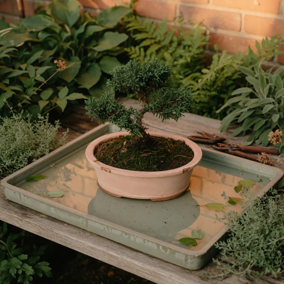 A shallow ceramic pot resting on a water-filled tray to maintain moisture for the roots.