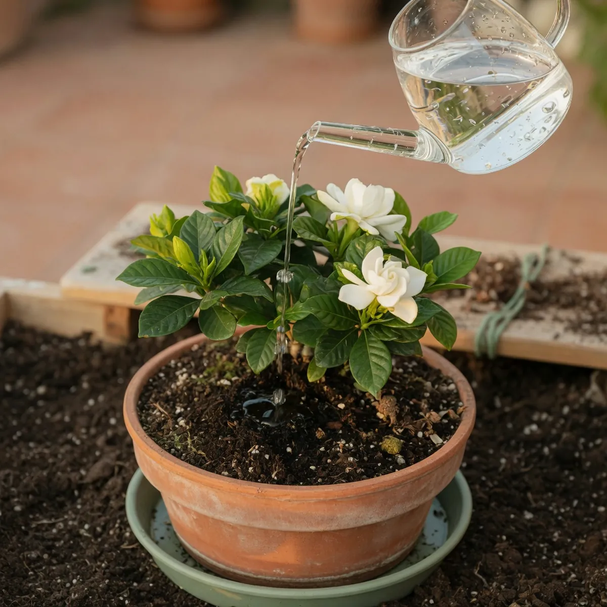 A small glass watering can pouring clear water onto the dark soil surface of a potted bonsai.