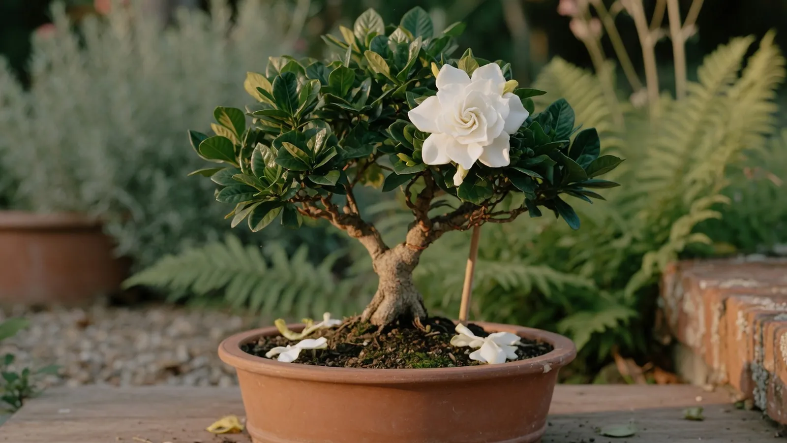 A miniature gardenia bonsai tree in a shallow pot with glossy leaves and a white bloom.