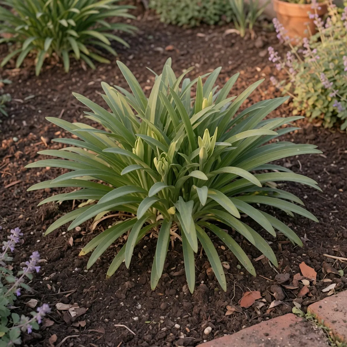 A healthy clump of green Agapanthus leaves growing in rich, dark garden soil.