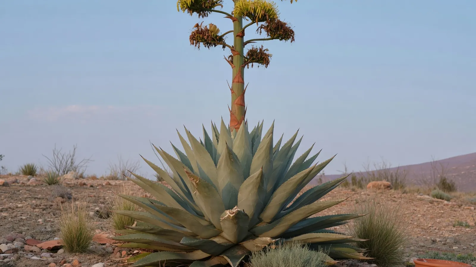 A mature agave plant displaying a tall flowering stalk against a clear sky.