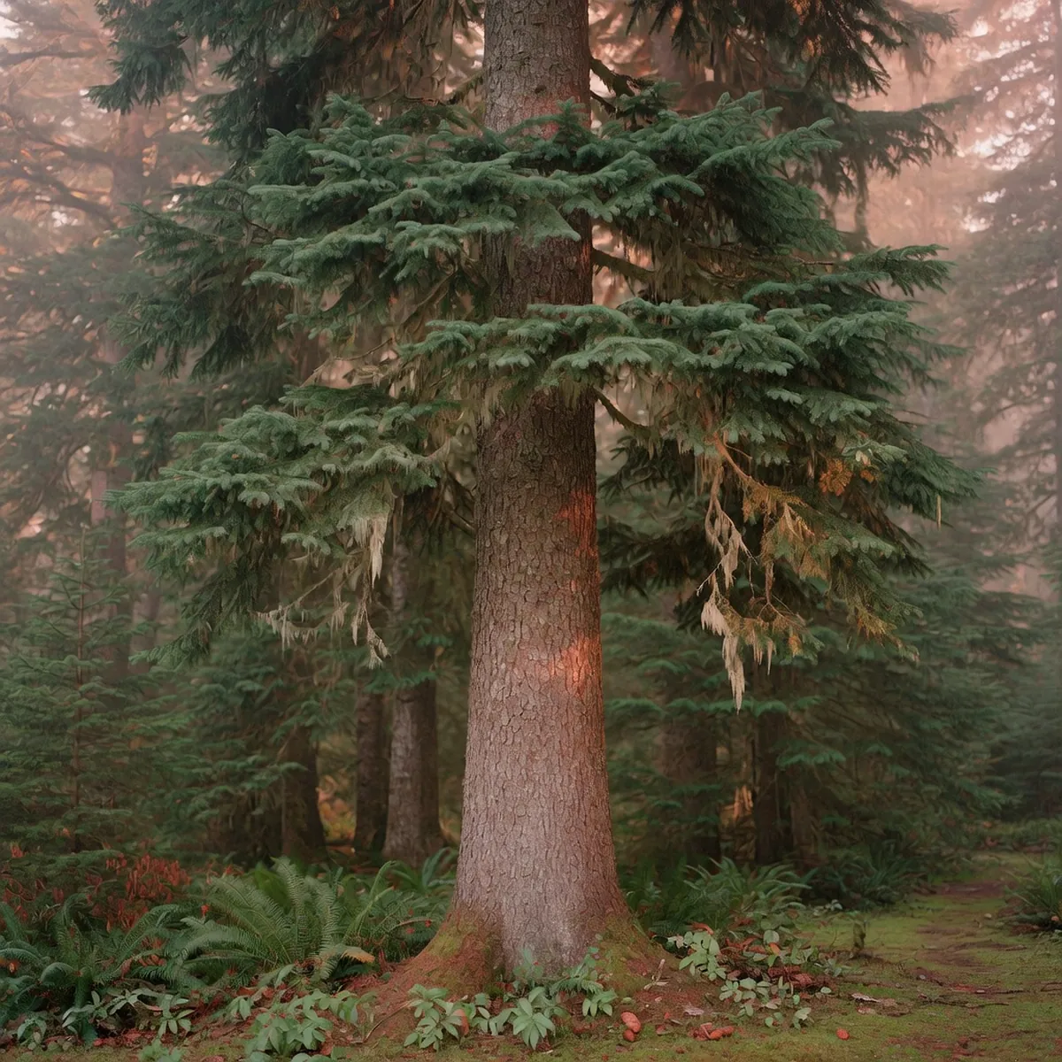 A tall Sitka spruce tree grows among other coastal conifers in a misty woodland.