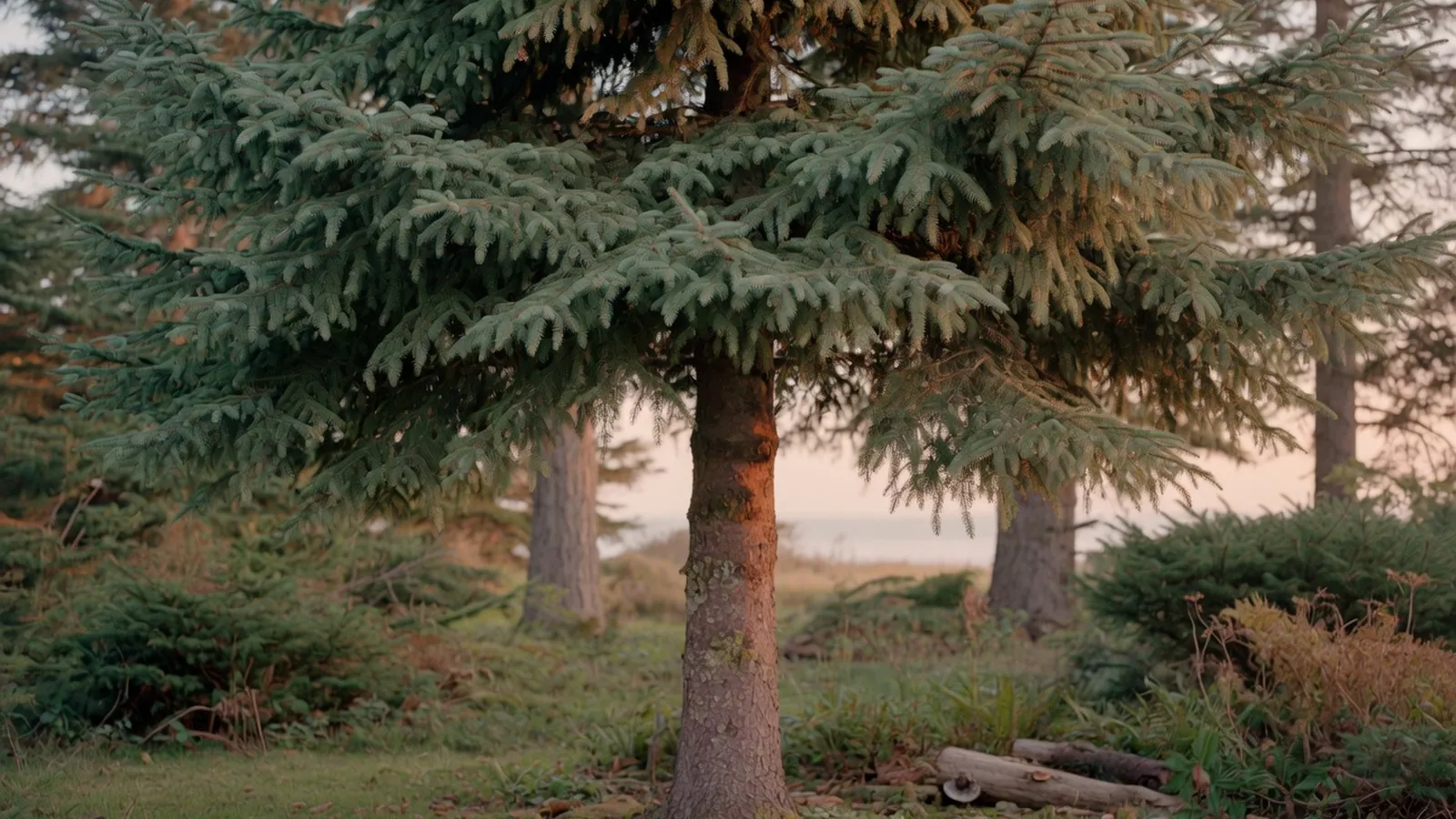 A mature Sitka spruce tree stands tall with a straight trunk and dense green foliage.