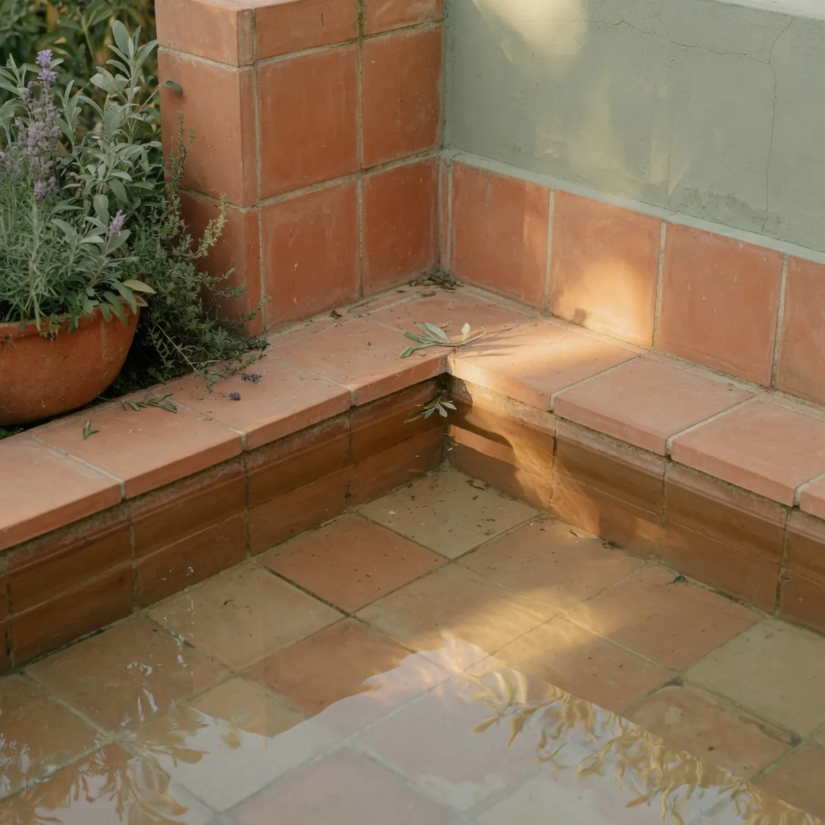 Sunlight reflecting off the clear water in a shallow corner of a swimming pool.