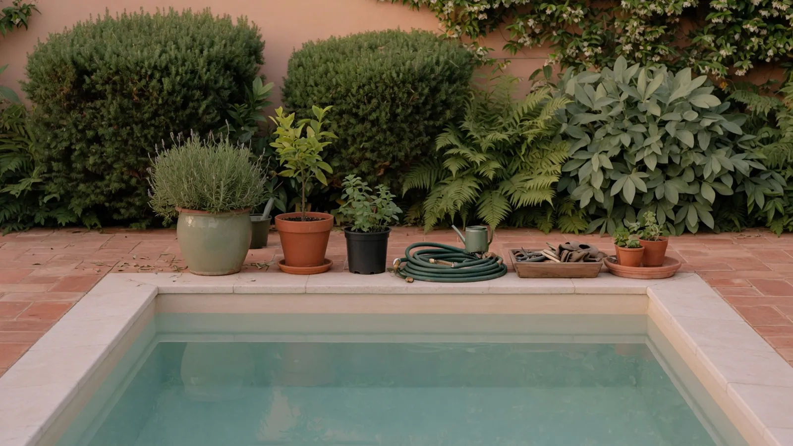 A swimming pool edge bordered by lush green foliage and potted plants.