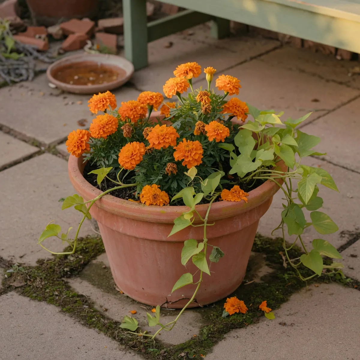 A terracotta container filled with bright marigolds and trailing summer foliage.