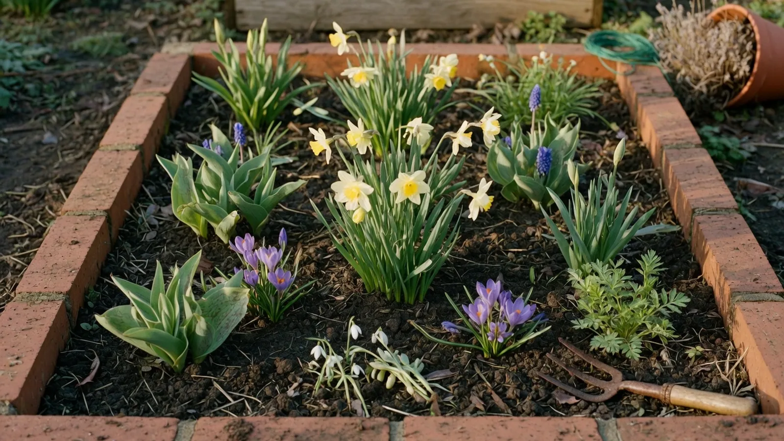 A sunlit garden bed displaying a mix of spring bulbs and emerging greenery.
