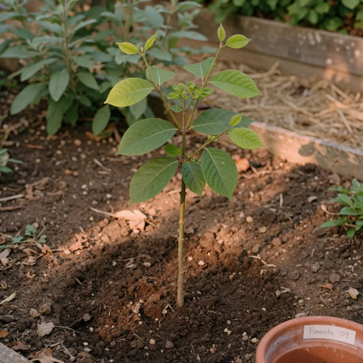 A young allspice sapling with fresh green leaves growing in rich, loose soil.
