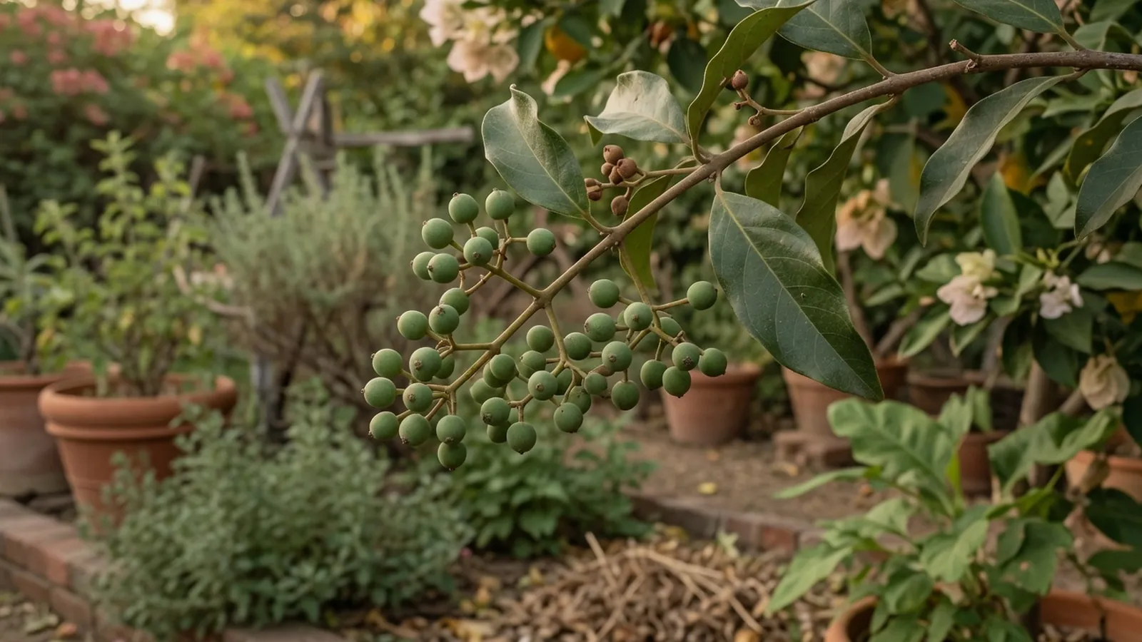 A cluster of unripe green allspice berries hanging from a glossy evergreen branch.