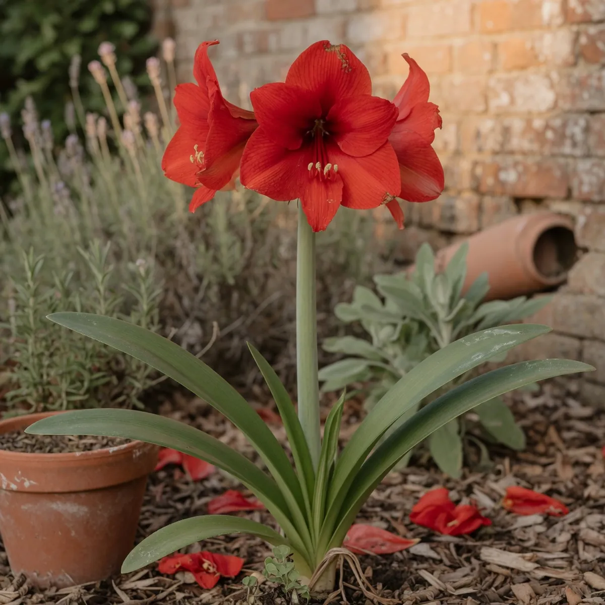 A single amaryllis stalk with a large open red flower and long green leaves against a blurred garden background.