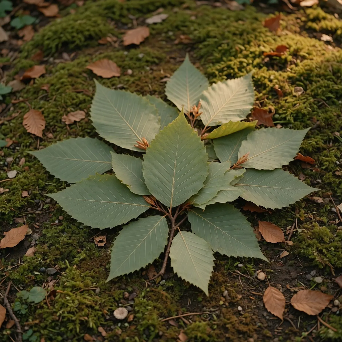 Close-up of American beech leaves showing strong veins and toothed edges.