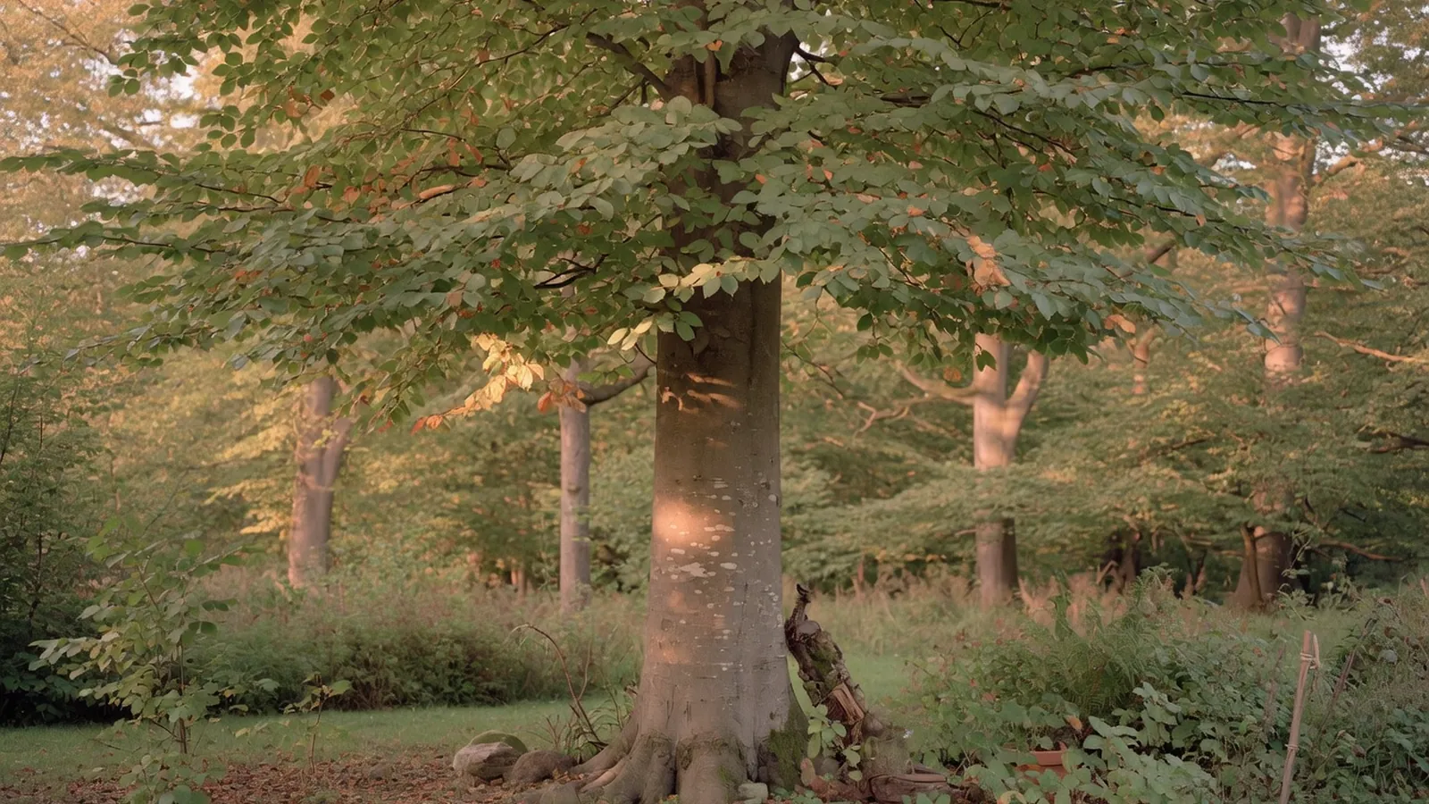 Tall mature American beech tree standing in a dense woodland setting.
