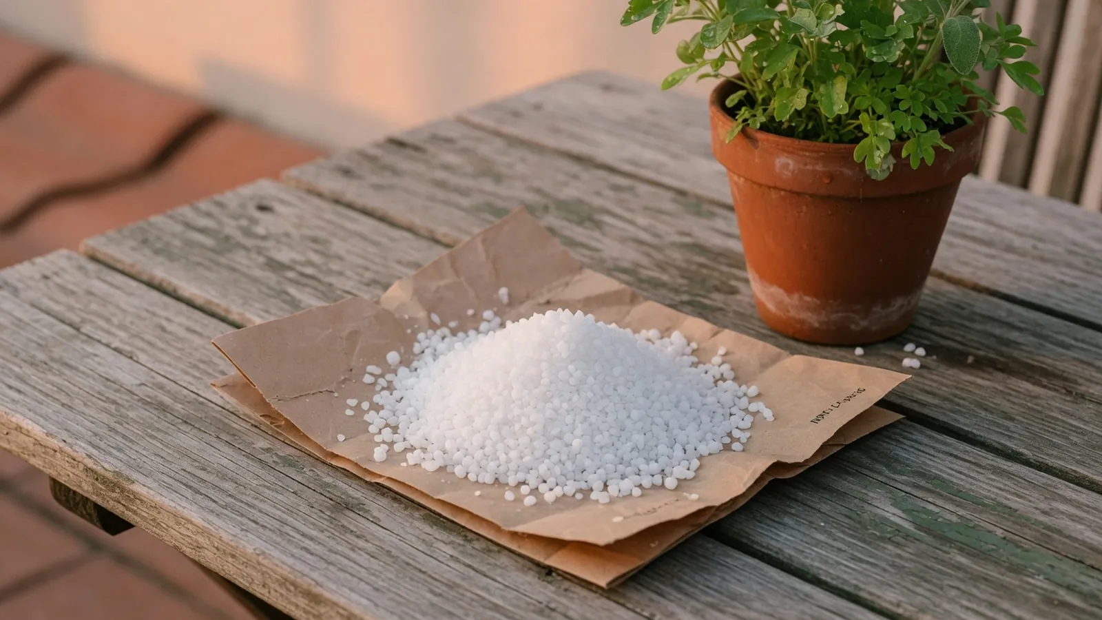 A small mound of white crystalline fertilizer granules resting on a weathered wooden surface beside healthy green foliage.