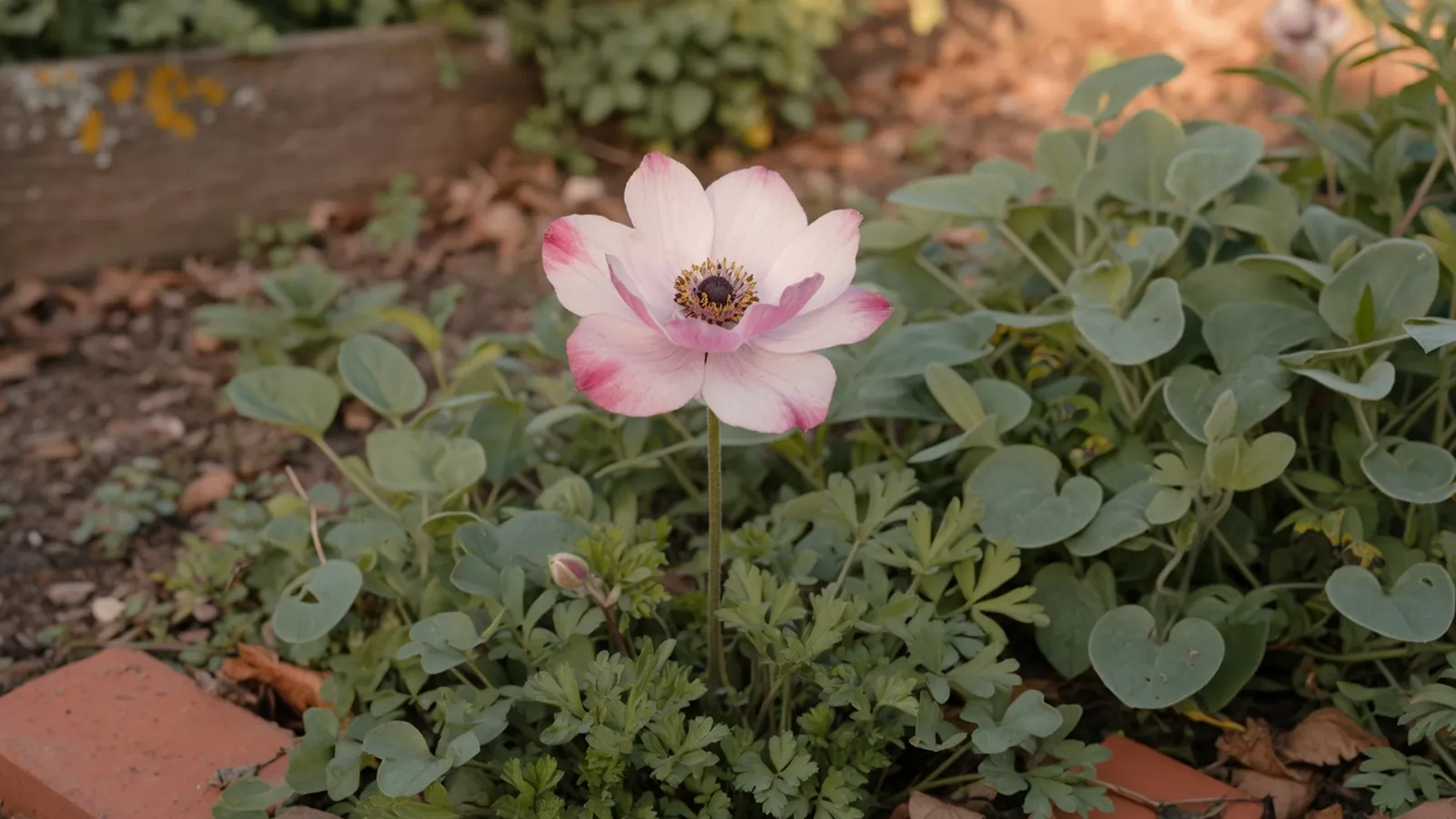 A single delicate anemone flower with white and pink petals blooming among green foliage in a sunlit garden.