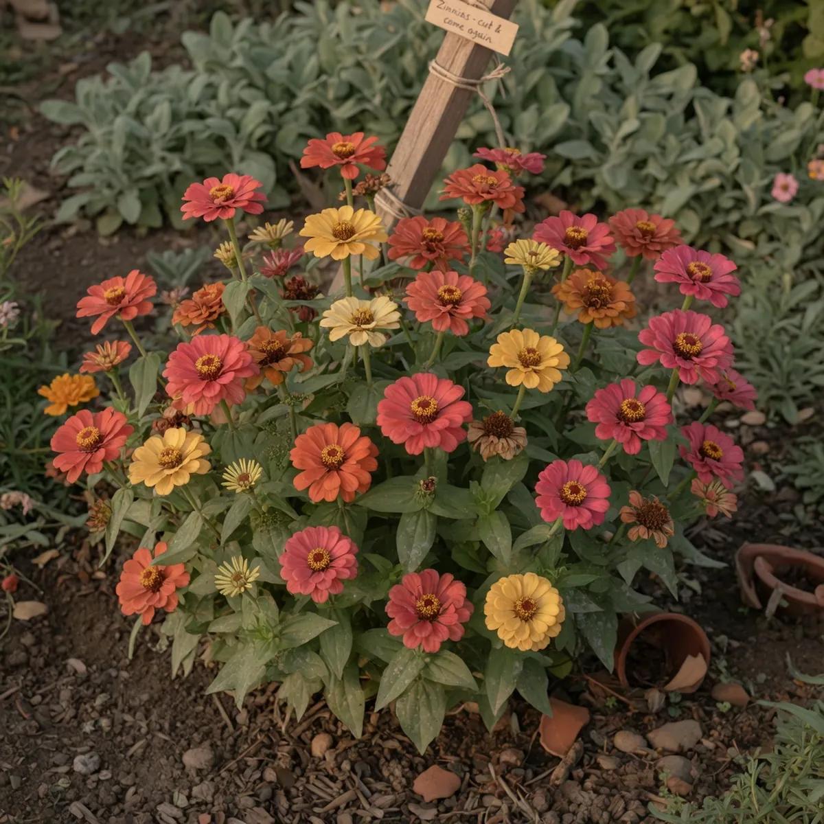 A dense cluster of zinnia flowers in pink and orange hues growing in a sunny garden bed.