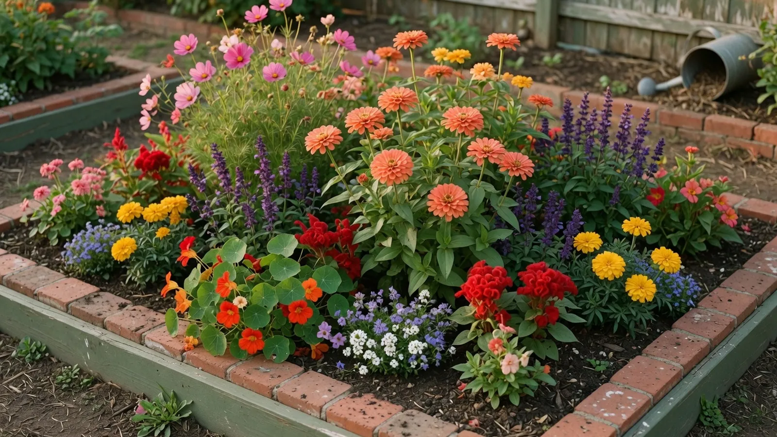 A vibrant mix of colorful annual flowers blooming in a well-tended garden bed.