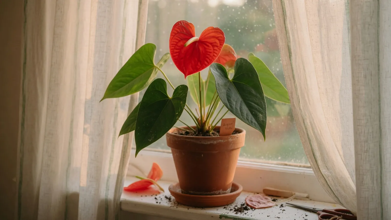 A glossy red Anthurium flower surrounded by dark green heart-shaped leaves in a simple terracotta pot.
