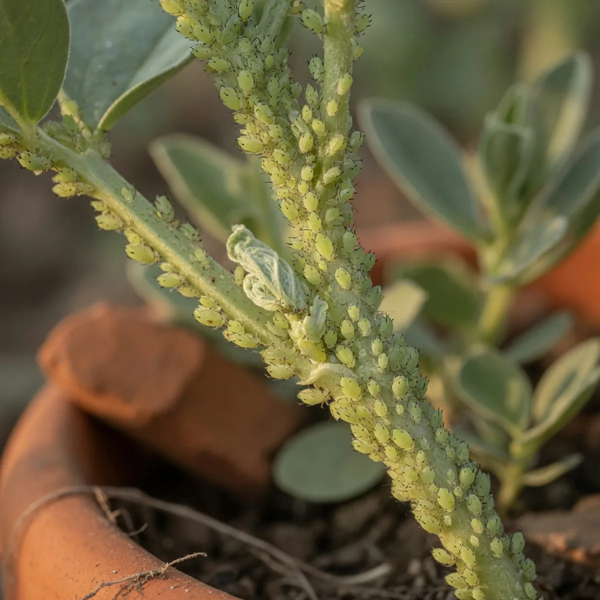 A dense cluster of pale green aphids feeding on a young plant stem.
