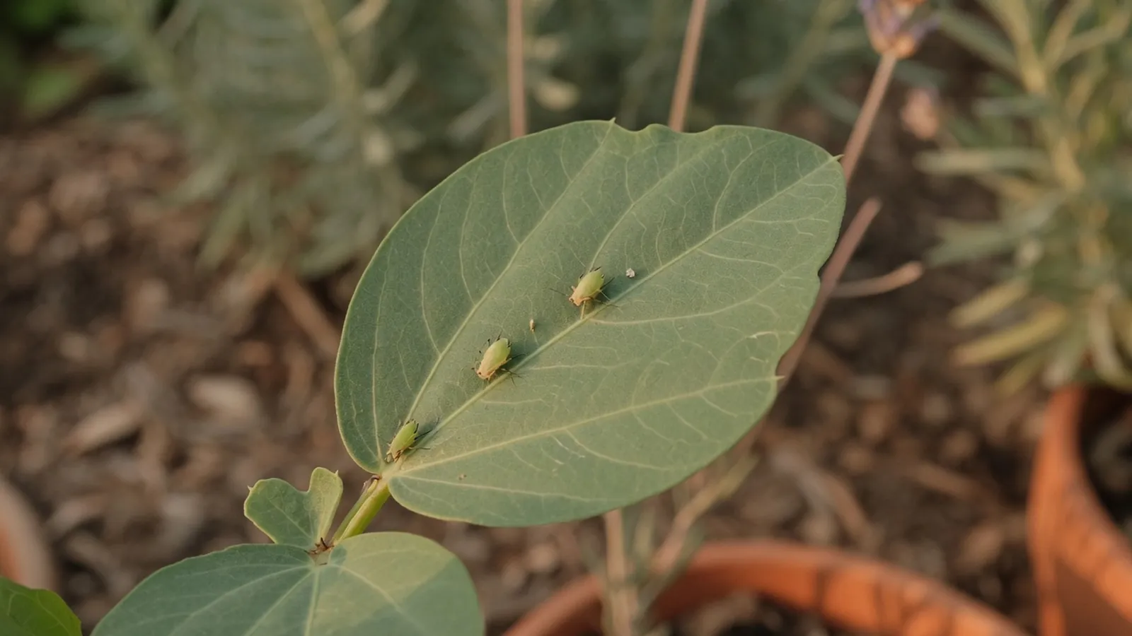 Small green aphids clustered on a leaf stem in a garden setting.