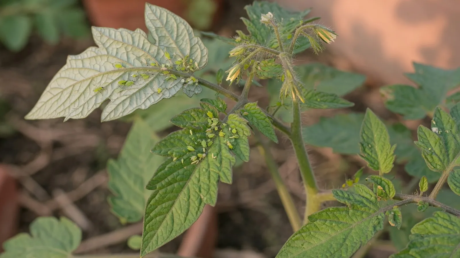 Tiny pale green aphids cluster along the underside of a tomato plant's leaves and stems.