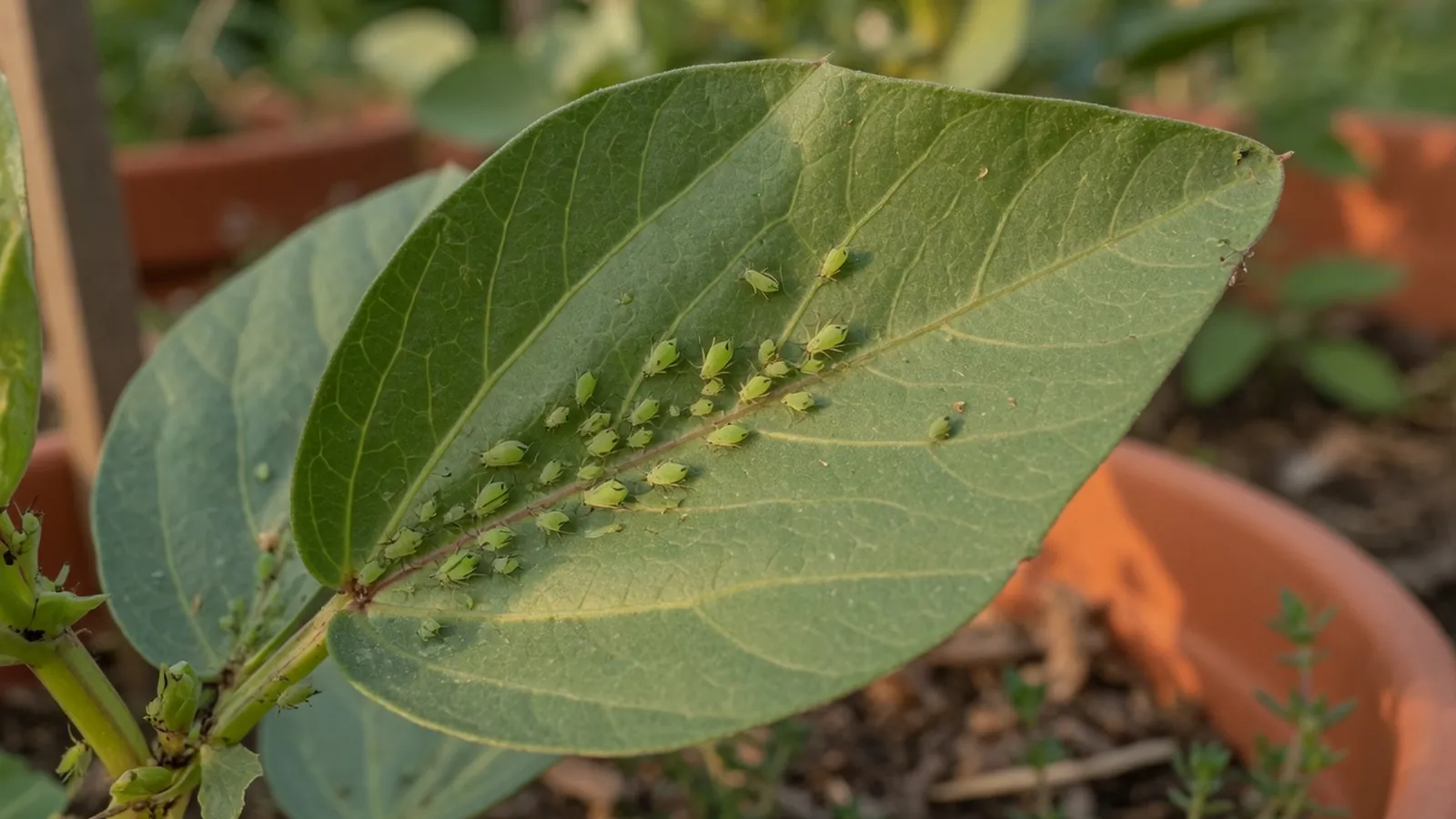 A close-up view of a green leaf showing small, soft-bodied aphids clustered along the stem.