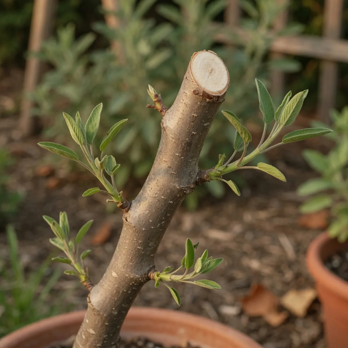 A pruned tree branch with fresh lateral shoots emerging from the sides.