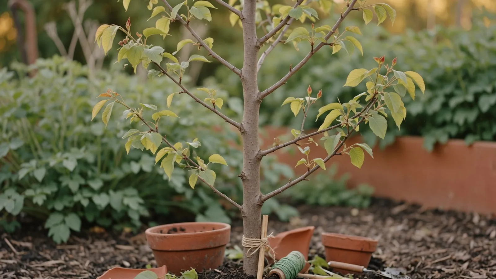 A young tree displaying a strong central leader and symmetrical upward growth.