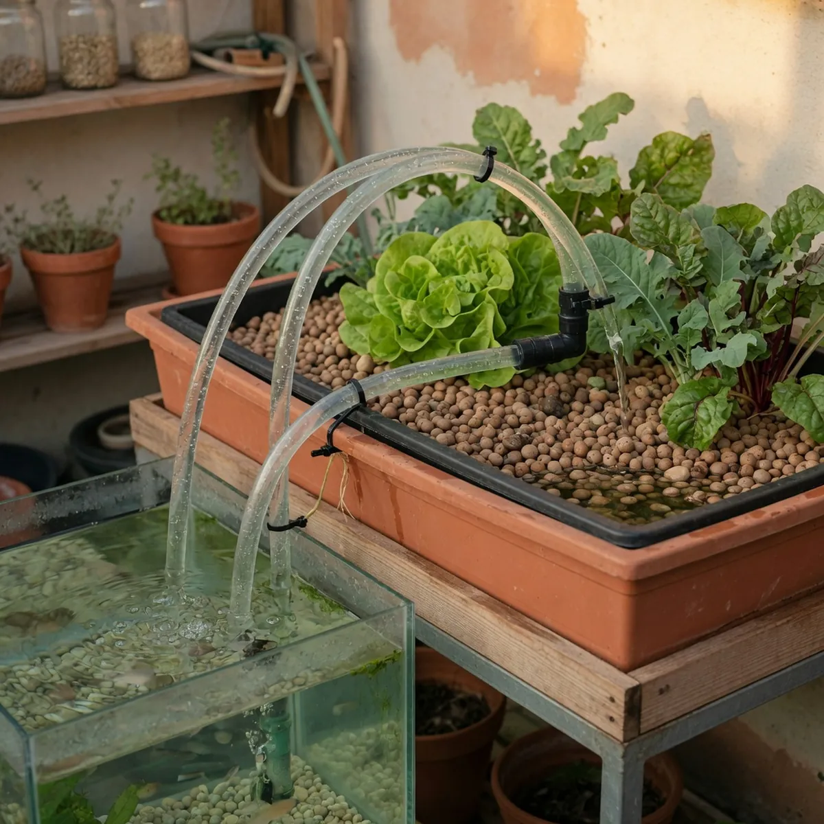 Clear water flowing between a fish tank and an elevated plant grow bed in a home aquaponics setup.