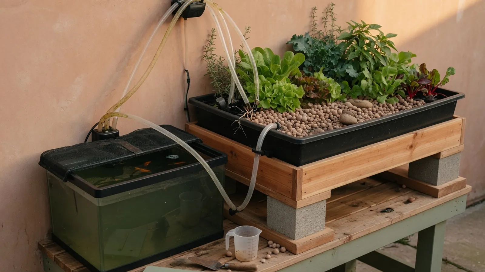 A compact home aquaponics system featuring a submerged fish tank and an elevated rectangular grow bed with thriving green plants.