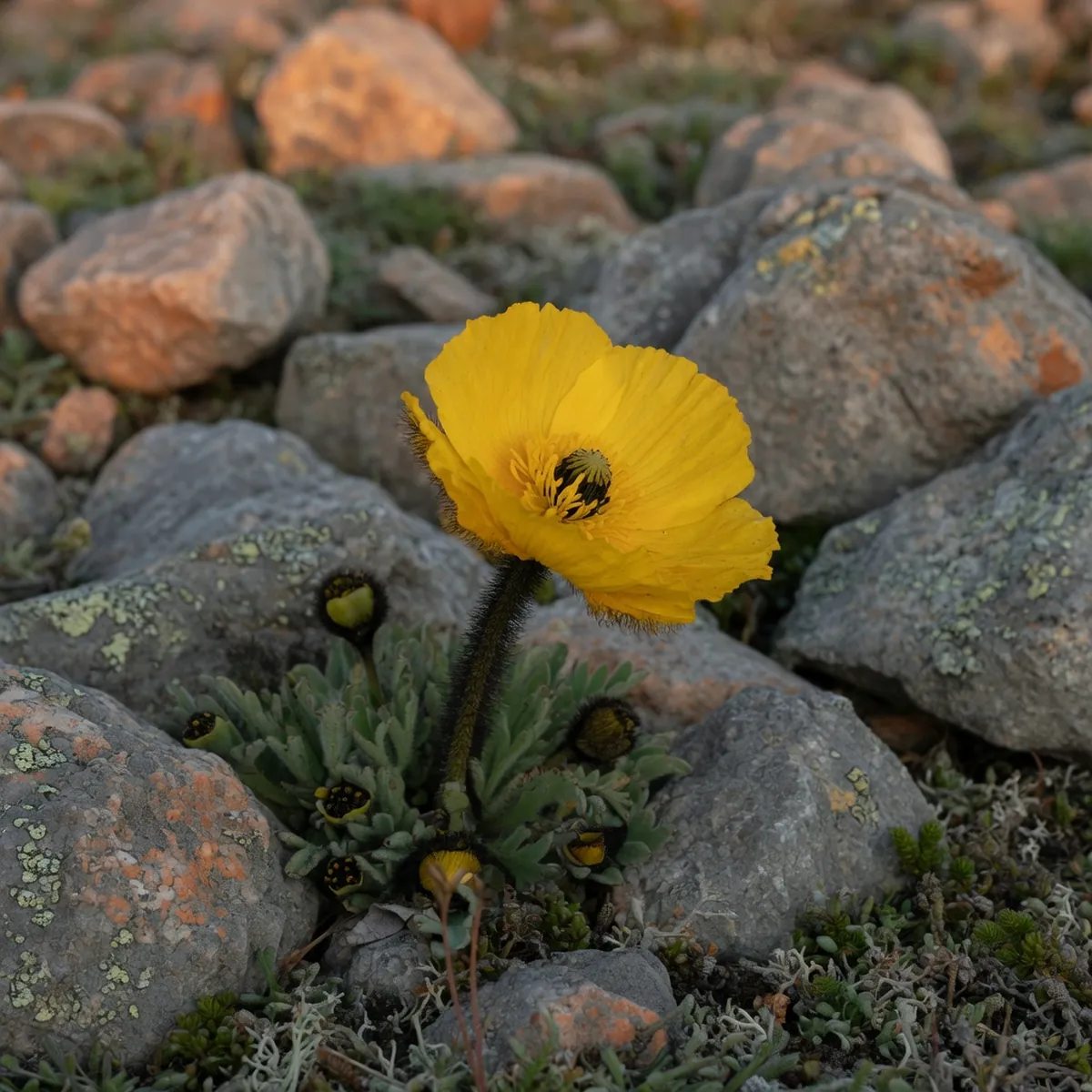 A bright yellow Arctic poppy with fine black hairs on its petals and stem, growing low among grey rocks.