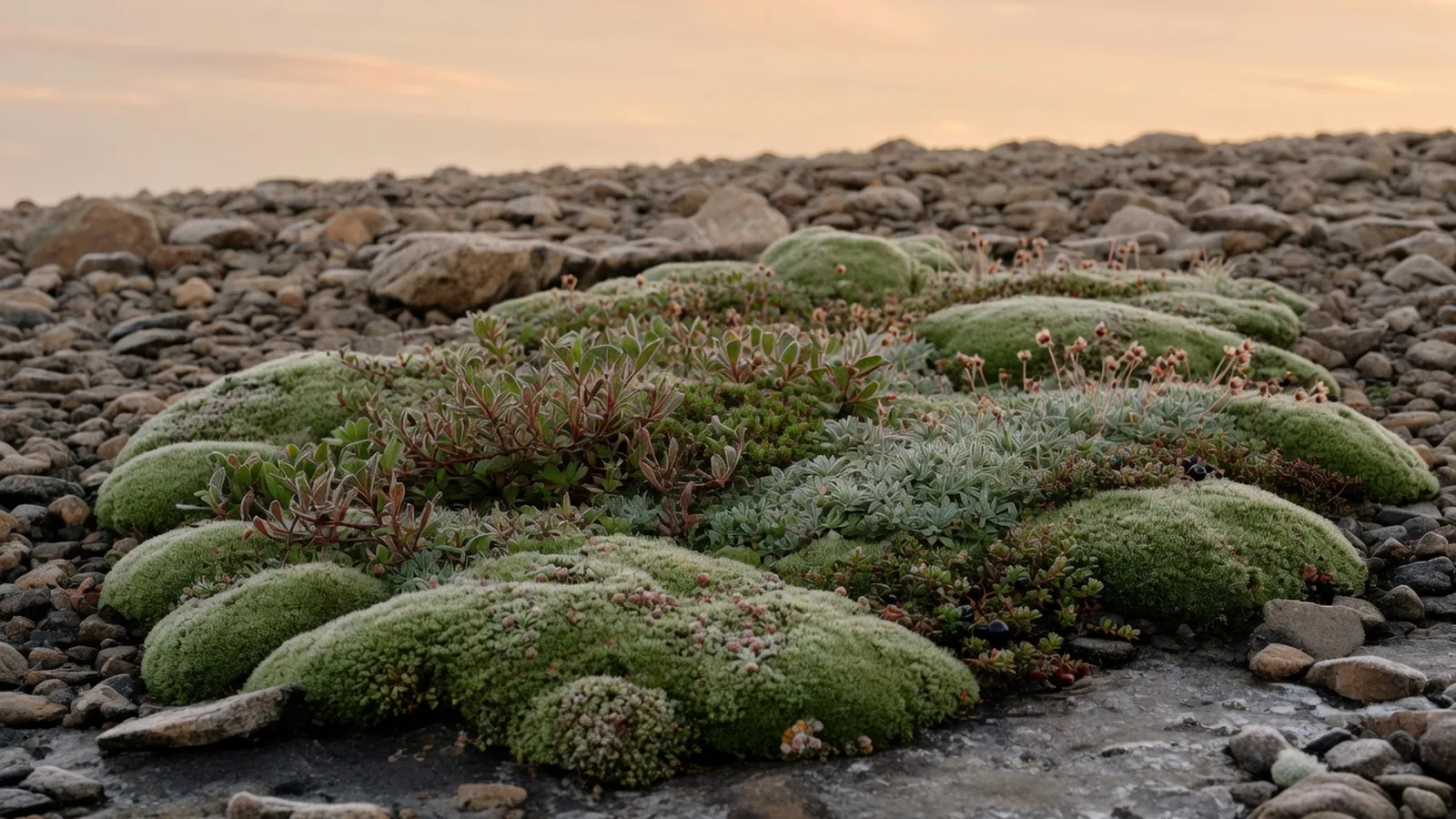 Low-growing hardy plants and mosses spread across frozen rocky ground in the Arctic tundra.