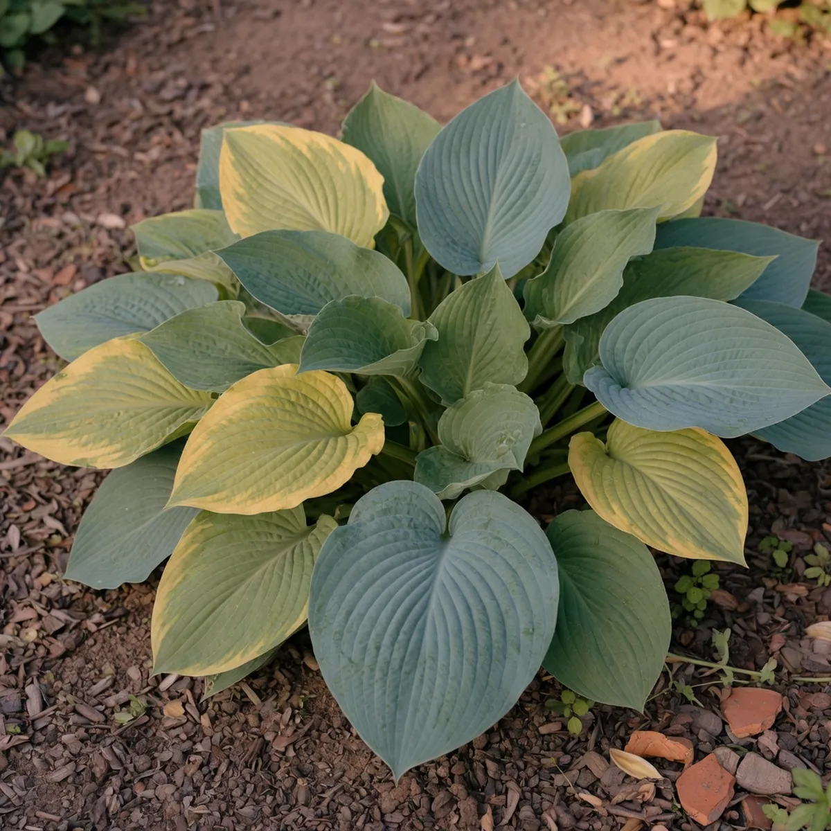 A close-up of broad hosta leaves displaying a subtle blue waxy coating alongside green and gold foliage in a garden bed.