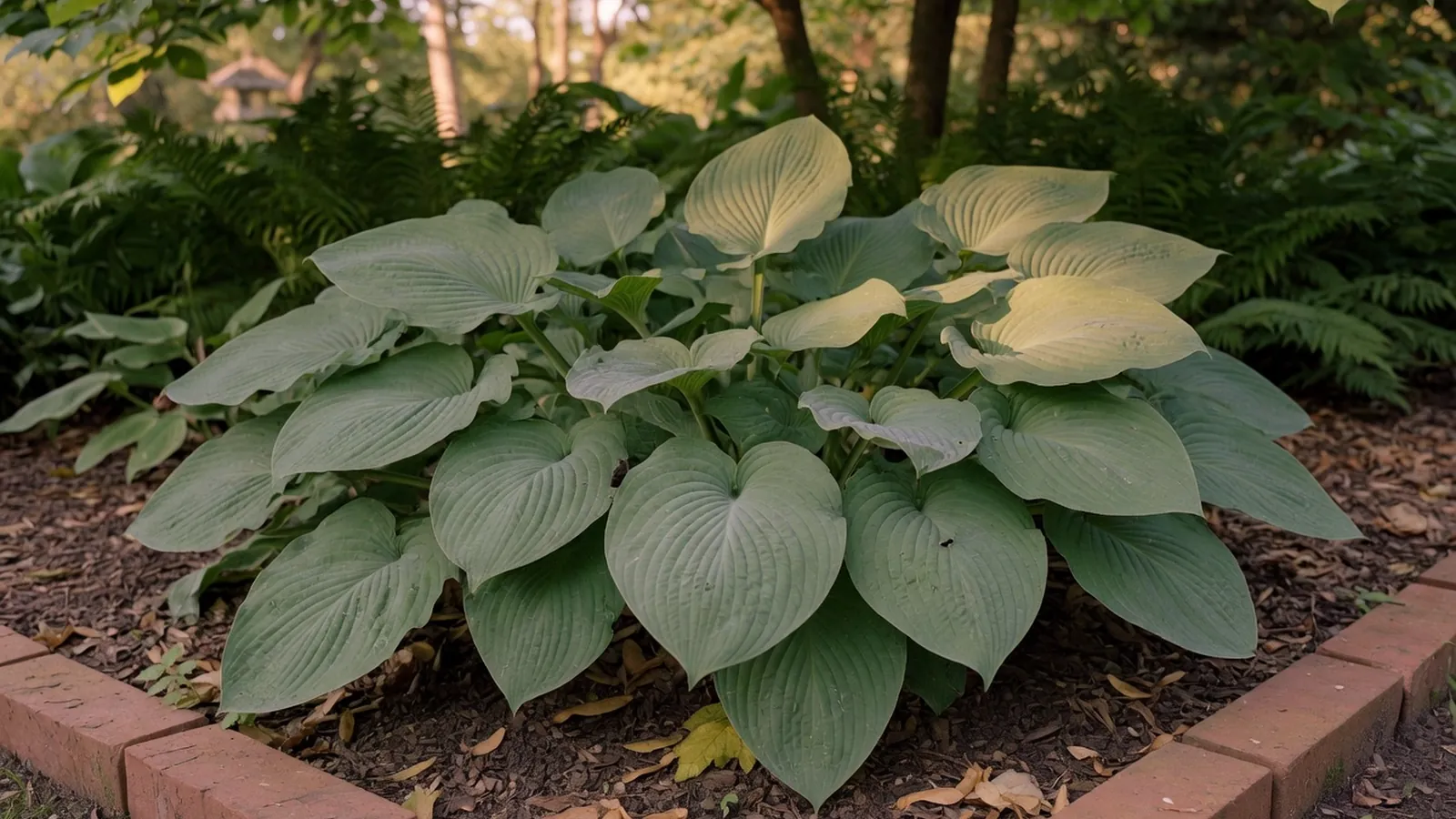 A lush clump of hosta plants with broad, textured leaves growing in a shaded garden border.