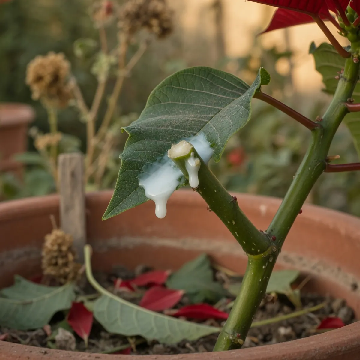 A close-up of a poinsettia stem showing its thick, white milky sap oozing from a cut leaf.