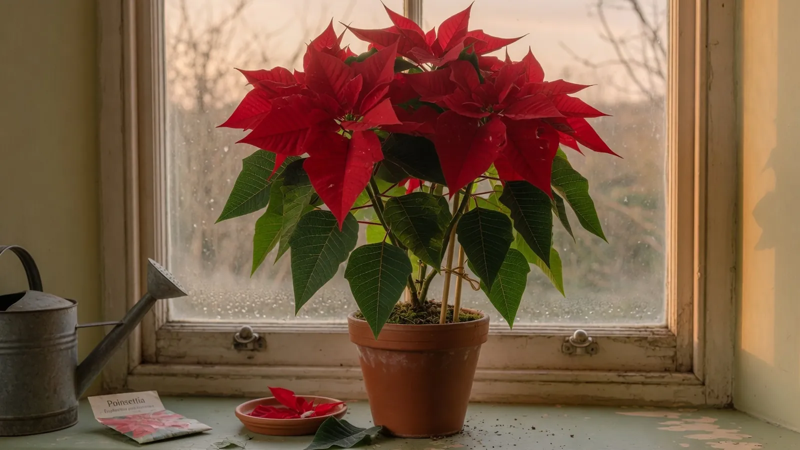 A vibrant poinsettia plant with bright red bracts and deep green leaves in a festive holiday setting.