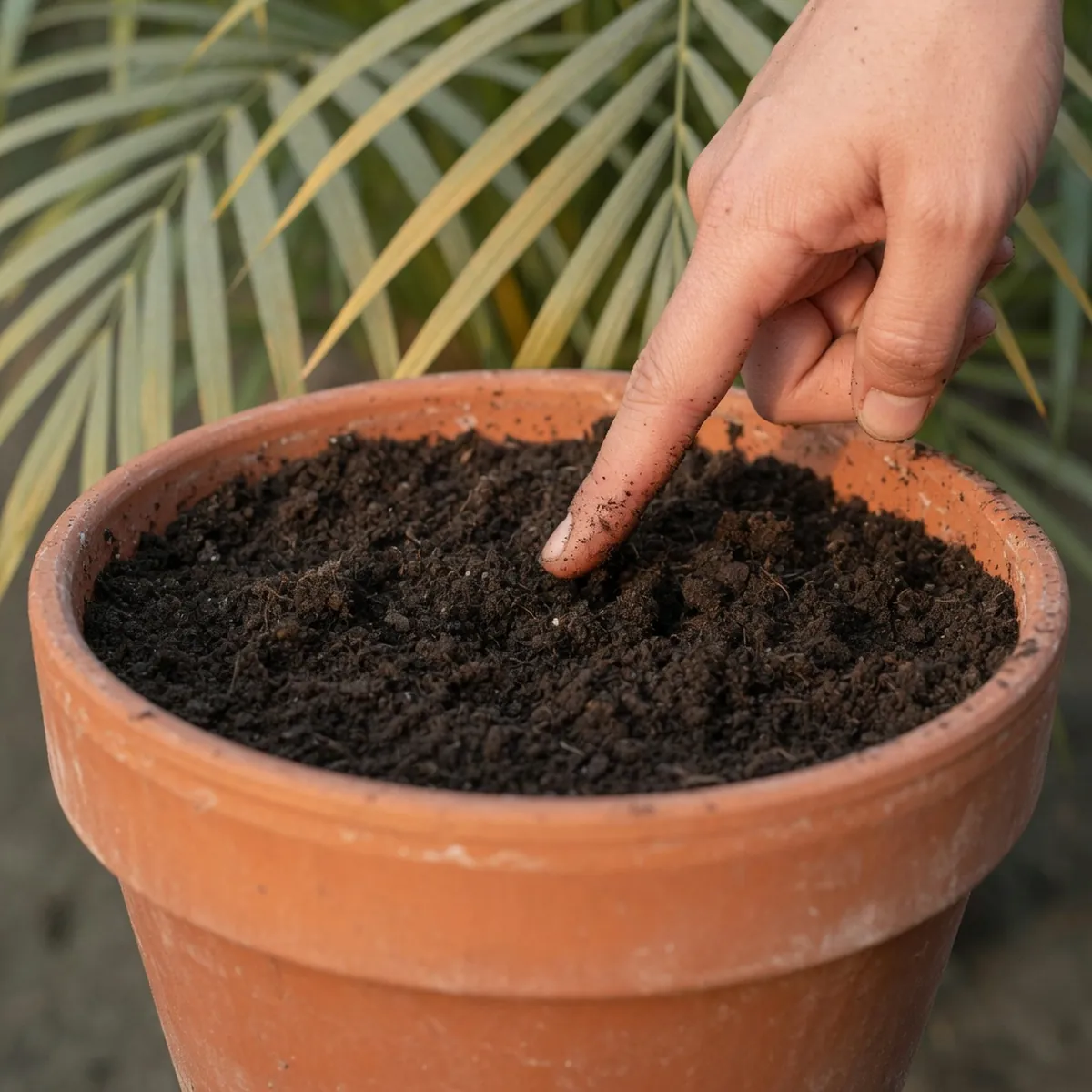 A hand testing soil moisture in a potted Areca palm before watering.