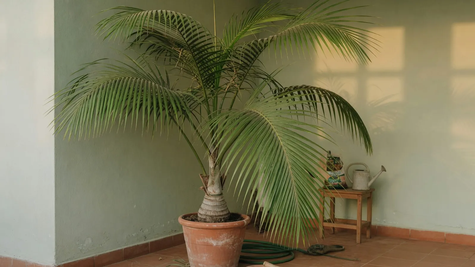A lush Areca palm displaying its characteristic feather-like green fronds in a bright indoor setting.