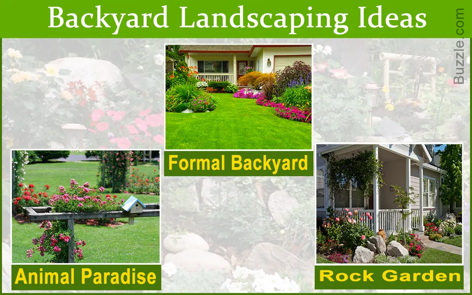 A collage displaying a formal backyard lawn, a garden with a wooden bench and birdhouse, and a rock garden beside a porch.