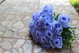 A bouquet of blue roses resting on a stone patio.