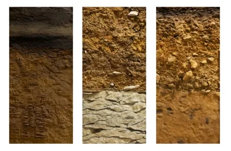 Three vertical panels displaying cross-sections of soil profiles with distinct layers of earth, rocks, and varying textures.