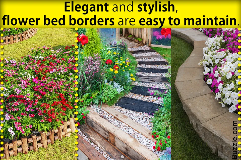 A collage of three colorful flower bed borders featuring wooden logs, wooden steps with gravel, and a curved stone retaining wall.